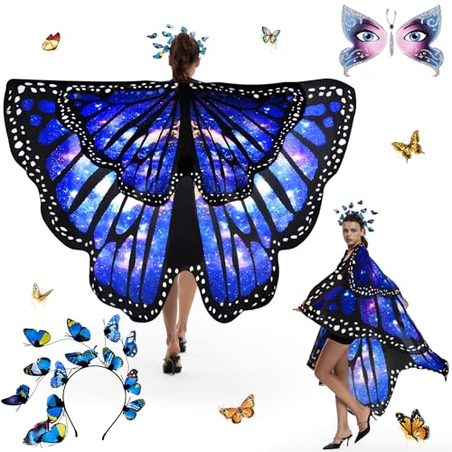 BuzzoXerex Schmetterling Kostüm Damen, Schmetterlingsflügel Erwachsene Zweistufiges, Schmetterling Umhang Damen Set mit Schmetterling Haarreif, Gesicht Aufkleber Faschingskostüme für Karnevel Cosplay von BuzzoXerex