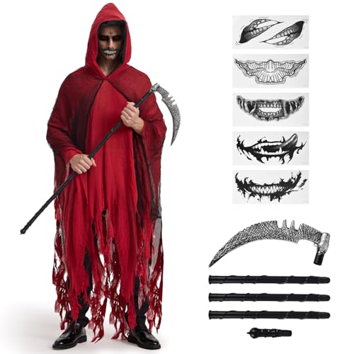 BuzzoXerex Sensenmann Kostüm Herren, Halloween Umhang mit Kapuze Zerrissenen Robe mit Kapuze mit Sensen & Gruseligem Tattoo Aufkleber für Halloween, Karneval (Rot) von BuzzoXerex