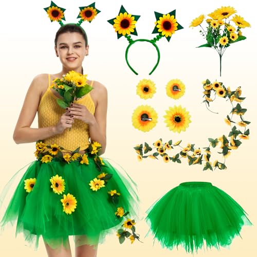 BuzzoXerex Sonnenblumen Kostüm Set Damen, Sonnenblumen Tutu Skirt Damen mit Sonnenblumen Haarschmuck für Karneval Halloween Fasching Mottoparty (Grüner, L) von BuzzoXerex