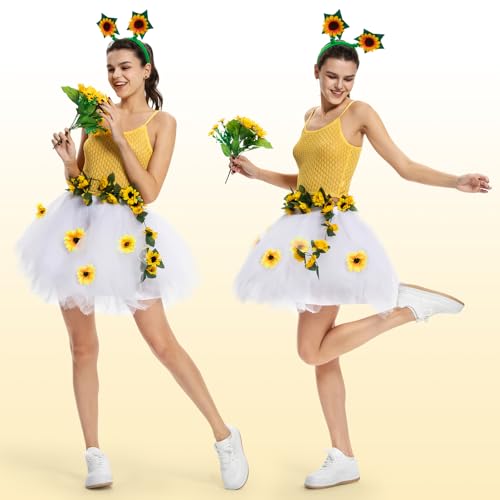 BuzzoXerex Sonnenblumen Kostüm Set Damen, Sonnenblumen Tutu Skirt Damen mit Sonnenblumen Haarschmuck für Karneval Halloween Fasching Mottoparty (Weiß, L) von BuzzoXerex