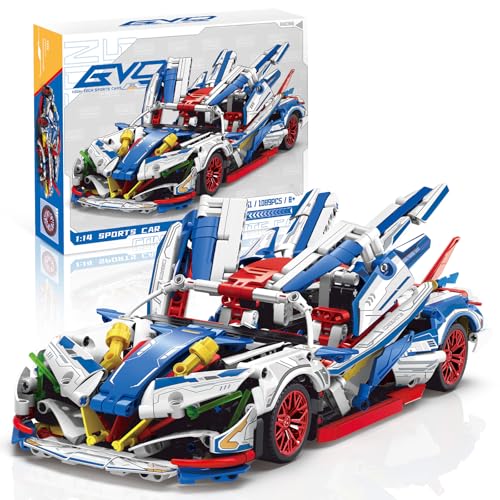 BuzzoXerex Klemmbausteine Auto Kit, 1070 PCS Supersportwagen Bausteine Set, 1:14 Modellauto Technik Bausatz, Sammelgeschenke für 14+ Kinder und Erwachsene (Blau Weiß) von BuzzoXerex