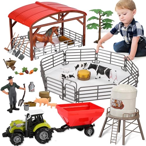 BuzzoXerex Tiere Bauernhof Spielzeug, Traktor Spielset mit Anhänger, Scheune, Zäune, Pferdestall, Tierfiguren, Bauer und 20+ Bauernhof Zubehör, Bauernhof Lernspielzeug für Kinder ab 2 3 4 5 6 Jahren von BuzzoXerex