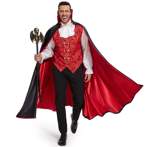 BuzzoXerex Vampir Kostüm Herren, Halloween Kostüm Herren, Edles Mittelalterliches Vampir Kostüm mit Vampir Umhang Blumenkragen-Hemd Fledermaus-Zepter Vampir Zähne für Halloween Party Cosplay (L) von BuzzoXerex