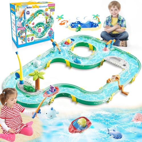 BuzzoXerex Wassertisch Spielzeug, 2 in 1 Wassertisch Kinder Outdoor, Wassertisch Kinder Draußen Spielzeug mit Boote x2 Puppen x6 Angelruten x2, Sommer Strandspieltisch für 3+ Jahr von BuzzoXerex