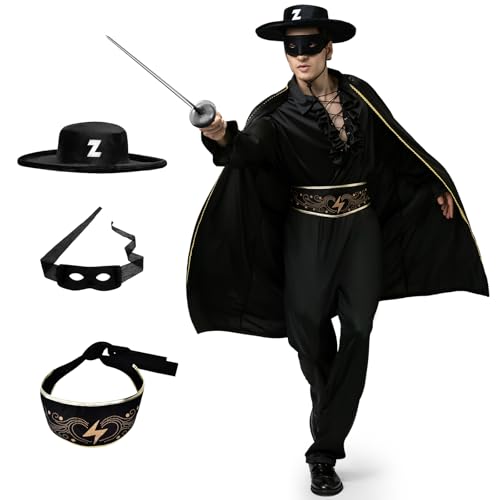 BuzzoXerex Bandit Kostüm Herren, Maskierte Helden Kostüm, Karneval Banditen Kostüm mit Schwarz Filzhut, Maske, Umhang, Rüschenhemd, Hose und Gürtel für Karneval Fasching Mottoparty (2XL) von BuzzoXerex