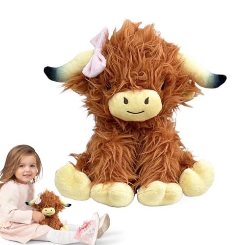 Bvizyelck Gefüllte Highland Cow Plüsch, Highland Cow Doll,Dekorative Plüschtierpuppe - Gefüllte Hochlandkuh mit Schleifenplüsch, niedliche Stofftier-Dekorationspuppe für Kinder von Bvizyelck