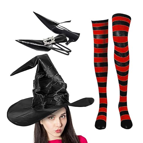 Bvizyelck Halloween-Kostüme für Damen, Halloween-Hexen-Verkleidungs-Set, spitze Hexenschuhe, gestreifte Kniestrümpfe und Hexenhut, Set zum Verkleiden von Bvizyelck