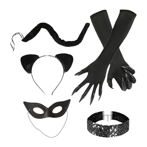 Bvizyelck Katzenkostüm Damen Katze Kostüm Katzenohren Haarreif Damen Faschingskostüm Halloween Katzen Kostüm Mit Fliege Damen Katzenkostüm Halskette Katzenkralle Handschuhe Maskerade Kostüm von Bvizyelck