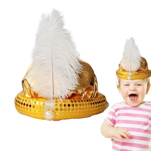 Bvizyelck Kinder Aladdin Kostümhut Kinder Aladdin Hut Mit Feder Und Perle Prinz Kostümhut Halloween Fancy Hut Kopfbedeckung Indischer Federhut Aladdin Turban Für Erwachsene von Bvizyelck