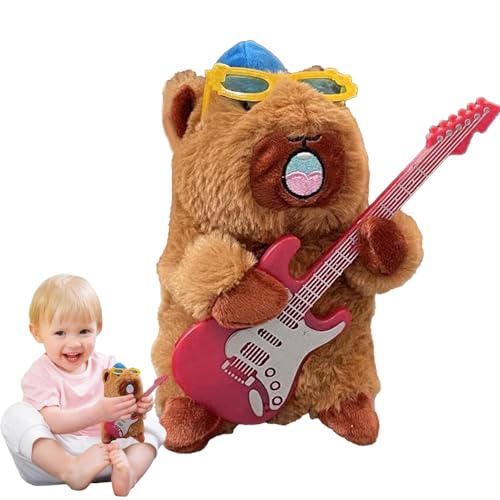 Bvizyelck Niedlicher Capybara-Plüsch,Capybara-Plüsch, Weiche Tierpuppe, Gesangsaufnahmespielzeug, elektrische Kuscheltiere, weiche Puppe mit Gitarre für Kinder, Kinderzimmer, Dekoration von Bvizyelck