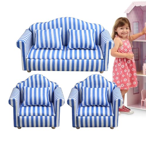 Bvizyelck Puppenhaus-Couch mit Kissen, Puppenhaus-Sofa-Set - Mini-Puppenhaus-Möbel-Couch- und Stuhl-Set im Maßstab 1:12 | Hochsimuliertes Miniatursofa aus Holzstoff, rote und weiße Streifen, von Bvizyelck