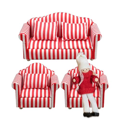 Bvizyelck Puppenhaus-Sofa-Set, Puppenhaus-Couch - -Puppenhausmöbel im Maßstab 1:12, Couch und Stuhl,Hochsimuliertes Miniatursofa aus Holzstoff, rote und weiße Streifen, Kinderspielzeug, Geschenk von Bvizyelck