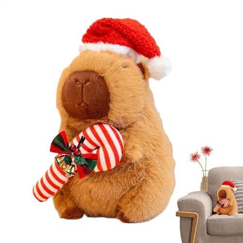 Bvizyelck Weihnachts-Capybara-Stofftier,Stoff-Weihnachts-Capybara, Capybara-Puppe mit Weihnachtsmütze und Zuckerstange, 9,8-Zoll-Schlafbegleiter, Plüschtiere für Kinder von Bvizyelck