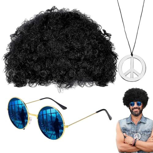 Hippie Kostüm Set Disco Perücke Kostüm Zubehör Hippie Kostüm Sonnenbrille Halskette Hippie Afro Perücke Herren Damen 70er 80er Jahre Perücke Disco Hippie Kostüm Set Cosplay Halloween Kostüm von Bvizyelck