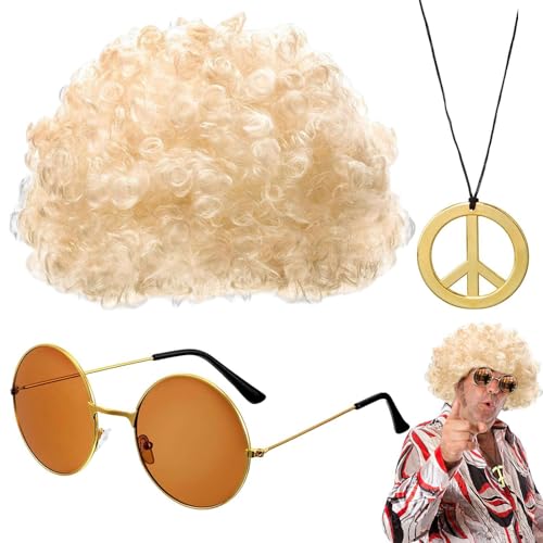 Hippie Kostüm Set Disco Perücke Kostüm Zubehör Hippie Kostüm Sonnenbrille Halskette Hippie Afro Perücke Herren Damen 70er 80er Jahre Perücke Disco Hippie Kostüm Set Cosplay Halloween Kostüm von Bvizyelck