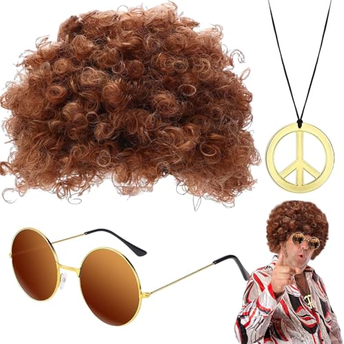 Hippie Kostüm Set Disco Perücke Kostüm Zubehör Hippie Kostüm Sonnenbrille Halskette Hippie Afro Perücke Herren Damen 70er 80er Jahre Perücke Disco Hippie Kostüm Set Cosplay Halloween Kostüm von Bvizyelck