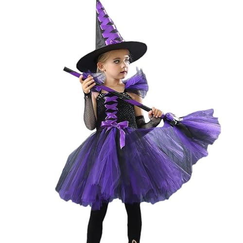 Mädchen-Hexenkostüm, Kinder-Halloween-Hexenkostüm, Mädchen-Halloween-Hexen-Outfits mit Hexenkleid, Hexenhut, Hexenbesen, Mädchen-Hexenkleid-Halloween-Kostüm, Hexen-Halloween-Kostüm für Mädchen von Bvizyelck