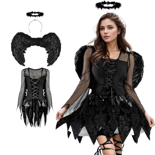 Bvxchg Black Fallen Angel Kostüm mit Kopfschmuck und Dämonenflügeln für Cosplay, Mardi Gras (S) von Bvxchg