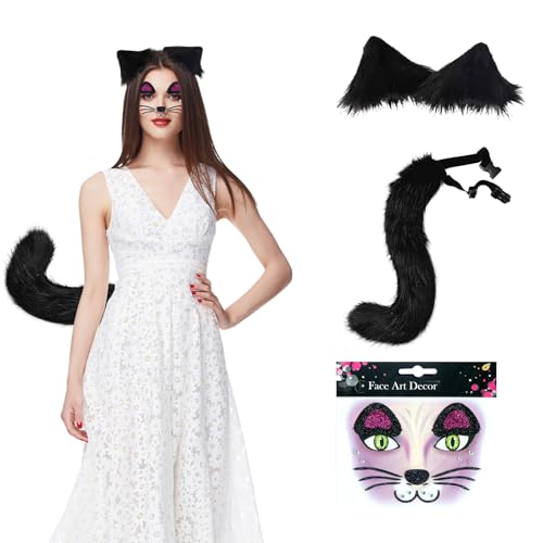 Bvxchg Das Katzen Cosplay Kostüm besteht aus einem Katzenplüschohr, einem Wolfsfuchsschwanz und einem Katzen-Strass-Gesichtsaufkleber, für Mardi Gras(Schwarz) von Bvxchg