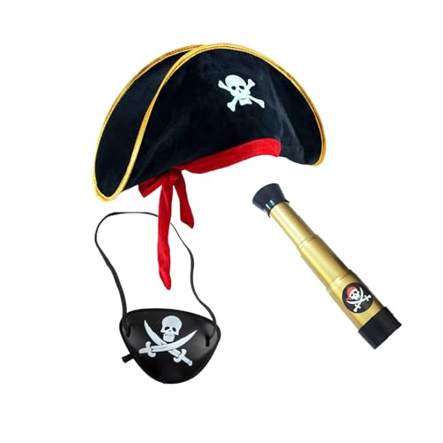 Bvxchg Piratenkostüm，3-teiliges Set Hut Augenbinde Teleskop Retro Party Cosplay Spielzeug Geeignet für Karneval,Halloween Mottopartys von Bvxchg