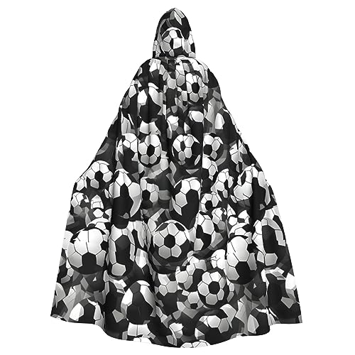 Bxzpzplj Schwarzer und weißer Kapuzenumhang mit Fußball-Muster, für Damen und Herren, Halloween-Kostüm, 185 cm von Bxzpzplj