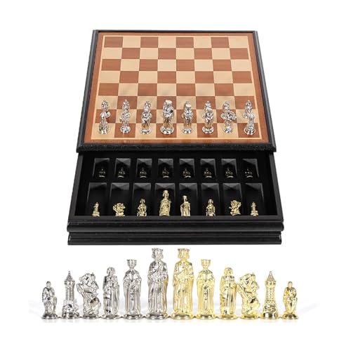 Schachfiguren Schachbrett im römischen Stil, Internationale Brettspiele, tragbares Schachspiel aus Holz mit Metallschach und Schublade for Kinder und Erwachsene Backgammon von BybAgs