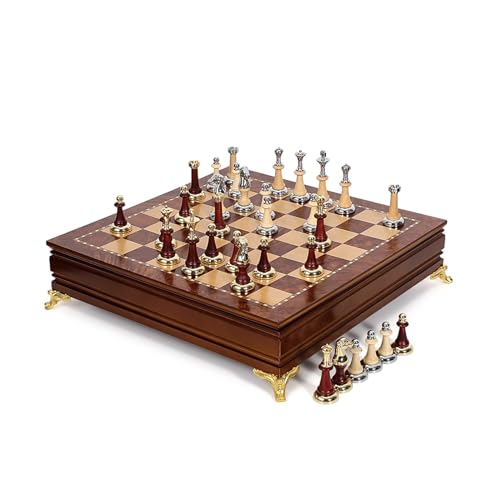 Schachfiguren Schachbrettspiel-Sets mit Schachfiguren-Aufbewahrungsfächern, langlebige Schachbretter aus Holz mit Metallschach als Geschenk for Kinder und Erwachsene Backgammon von BybAgs