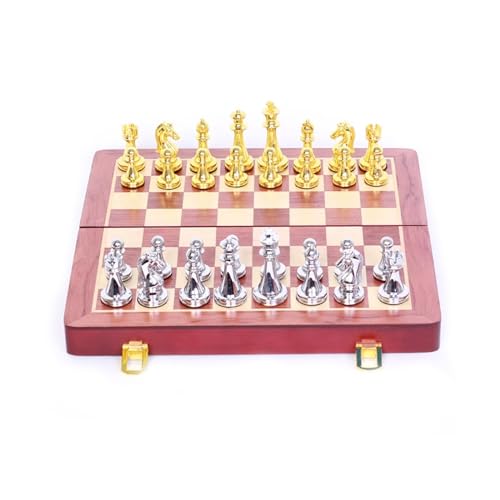Schachfiguren Tragbares Schachbrett aus Holz und handgefertigtes Schachbrett und internationales Schachspiel aus Metall for Reisen, Familienaktivitäten, Geschenk Backgammon(Gold) von BybAgs