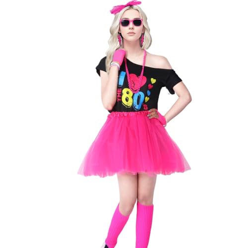 Byeaon 80er Jahre Outfit für Damen | Handschuhe Leggings Tutu Rock | 1980er Jahre Cosplay Kostüm Schulterfrei Oberteil Kostüm Zubehör Set 80er Jahre Kleidung von Byeaon