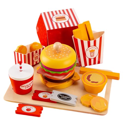 Fast -Food -Spielzeugsimulation, Kinderholzspielset, Hamburger und Pommes Toy Set, sicher und langlebig, pädagogischer Spaß, Förderung der Fantasie, 8,66x3.15x7,52 Zoll, für Kinder von Byeaon