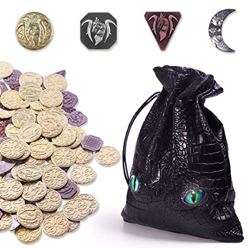 Byhoo 145PCS Metall DND Münzen & Ledertasche, Enthält 60 Goldmünzen, 40 Silbermünzen, 40 Kupfermünzen und 5 Platinmünzen, Token mit Glow in The Night Eyes Tasche für RPG Tablelap Games von Byhoo