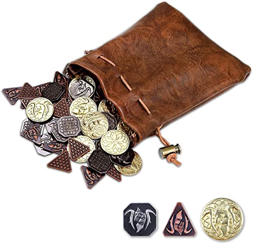 60 DND-Münzen mit Ledertasche, Metallmünzen – Gold-, Silber- und Kupfermünzen, Fantasie-Münzen für Brettspiele, gefälschte Münzen für Spielmarken, Rollenspielmünzen von Dungeons and Dragons von Byhoo