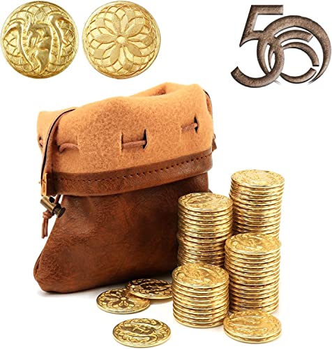 50 PCS Goldmünzen & PU Ledertasche, DND Metallmünzen, Fantasy Münzen Schatz für Brettspiele, Falsche Münzen als Spielmarken für Dungeons & Dragons, Tabletop TTRPG Spiele von Byhoo