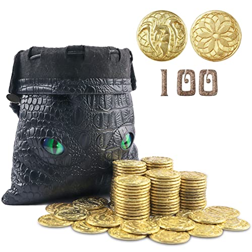 Byhoo 100 Metal Fantasy Coins with PU Leather Pouch, DND Goldmünzen für Brettspiel, Goldene Spielsteine Aufbewahren in der Goldmünze Tasche, DND Zubehör für von Neu bis Meister, MFR_BH_DE_10278 von Byhoo