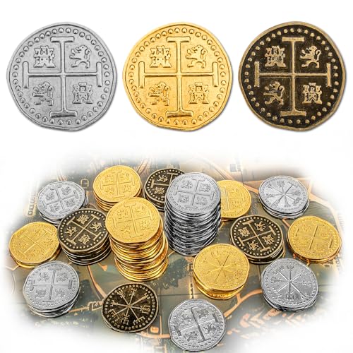 Byhoo 100 Pcs Metall Piraten Token Münzen Set, Realistische Schatz Spanisch Währung Münzen für Piraten Schatztruhe Schatzsuche Cosplay Spielzeug Brettspiel von Byhoo