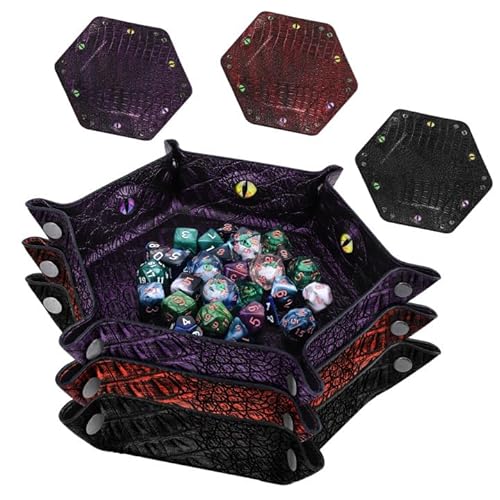 Byhoo 3 Stück Krokodilmuster DND Würfeltablett, faltbares sechseckiges Würfeltablett, Glow-in-The-Dark Eye Würfeltablett, perfekt für RPGs, DND, und Tabletop Spiele (Schwarz/Lila/Rot) von Byhoo