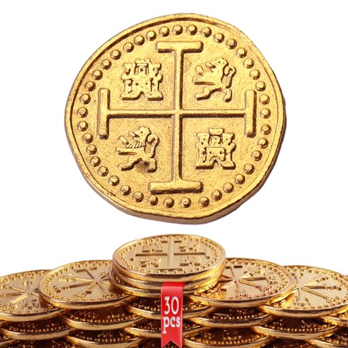 Byhoo Metall Piratenmünzen, 30 Gold Schatzmünzen Set, Metall Replik spanische Dublonen, Piratenschatztruhe gefälschte Münzen Token, realistische Geldimitation für Cosplay Spielzeug Brettspiele von Byhoo