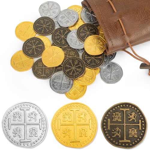 Byhoo 36 Pcs Metall Piraten Token Münzen Set, Realistische Schatz Spanisch Währung Münzen für Piraten Schatztruhe Schatzsuche Cosplay Spielzeug Brettspiel von Byhoo