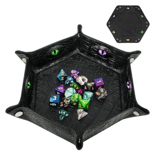 Byhoo Crocodile Pattern DND Dice Tray, Foldable Hexagonal Dice Rolling Tray, Glow-in-The-Dark Eye Dice Tray, Perfekt für RPGs, DND, und Tabletop Games(Black) von Byhoo