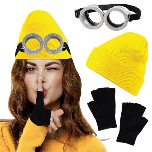 Byhsoep 4 Stück Goggles Kostüm,Personalisierte Despicable Me Glasses Goggles Gelber Gestrickter Hut mit 2 Schwarz Handschuhen von Byhsoep