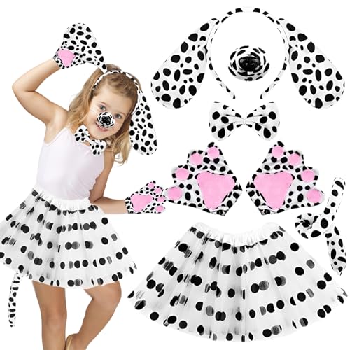 Byhsoep 7 Stück Dalmatiner Kostüm Set,Tier Kostüm Set mit Dalmatiner Haarbänder,Tutu Rock,Nase,Fliege,Schwanz,2 Handschuhe,Dalmatiner kostüm für Kinder Mädchen Halloween Karneval Cosplay von Byhsoep