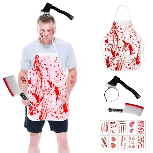 Byhsoep Blutige Schürze Halloween Set, Blutige Schürze Halloween Erwachsener, Blutige Schürze, mit Spielzeug Küchenmesser, Haarreifen, Tattoo Aufkleber, Halloween-Kostüme für Männer und Frauen von Byhsoep