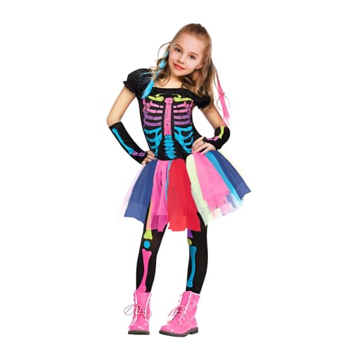 Byhsoep Halloween Kostüm Mädchen Skelett,Skelett Kleid Mädchen,Skelett Kostüm Kinder Neon,Sensenmann Skelett mädchen,Punky Buntes Skelett Mädchen Kostüm Set für Halloween Karneval Cosplay von Byhsoep