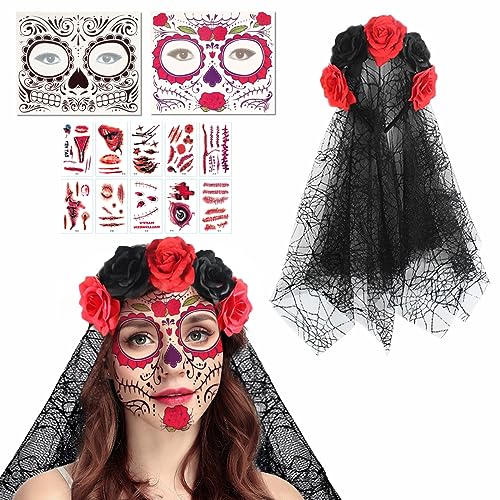 Byhsoep Halloween Tag der Toten Haarreif,Diadema Halloween Mujer,Schleier Halloween mit 2 Gesichtstattoos,10 Halloween Narbe Tattoo,Schleier Rosen für Halloween,Karneval,Kostüm-Cosplay-Party von Byhsoep