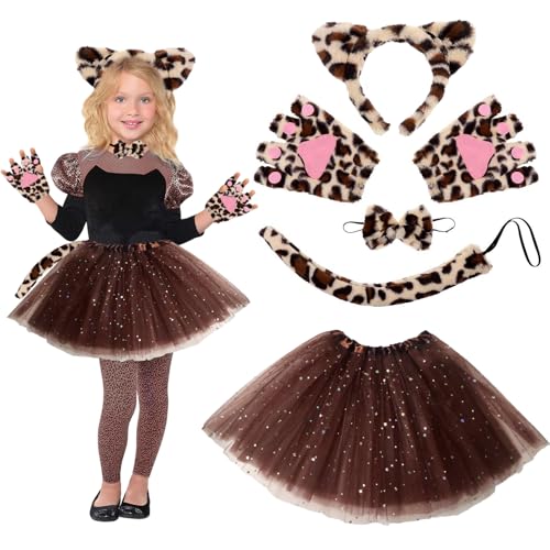 Byhsoep Katzen Kostüm Mädchen,Schwarze Kostüm Kinder Mädchen Katze mit Tüllrock Schwarz,2*Spitzenärmel, Katzenohren Haarreif,Schleif Fliege,Cosplay Tail,für Mädchen Karneval Fasching Halloween Party von Byhsoep