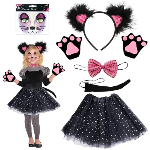 Byhsoep Katzen Kostüm Mädchen,Schwarze Kostüm Kinder Mädchen Katze mit Tüllrock Schwarz,2*Handschuhe, Katzenohren Haarreif,Schleif Fliege,Cosplay Tail,für Mädchen Karneval Fasching Halloween Party von Byhsoep