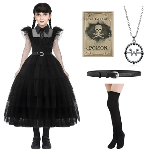 Wednesday Kostüm Mädchen,Halloween Kostüm Wednesday mit Belt Socks Necklace Sticker,Wednesday Kleid,mittwoch kostüm Mädchenkleid Karneval Halloween Cosplay Party Outfit von Byhsoep