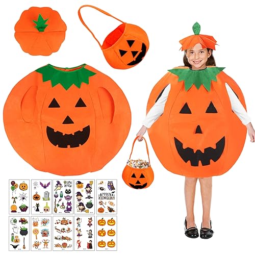 Kürbis Kostüm Kinder,Halloween Kürbis Kostüm Baby mit Kürbis-Tüten und 10 Halloween Tattoo,Kostüm Kürbisschlampe Jungen Mädchen für Halloween,Karneval,Cosplay,Fasching,Kostümparty (Orange-Kinder) von Byhsoep