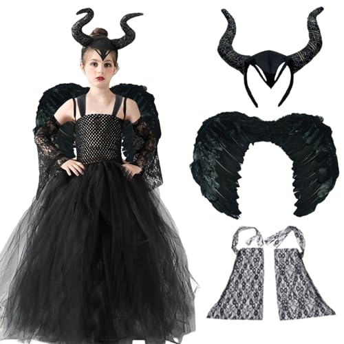 Byhsoep Maleficent Kostüm Mädchen,Karneval Böse Königin Kleid Kinder mit Königin Hörner Flügel und Federärmel,Karneval Maleficent Hörner Kostüm Mädchen für Halloween,Cosplay Party von Byhsoep