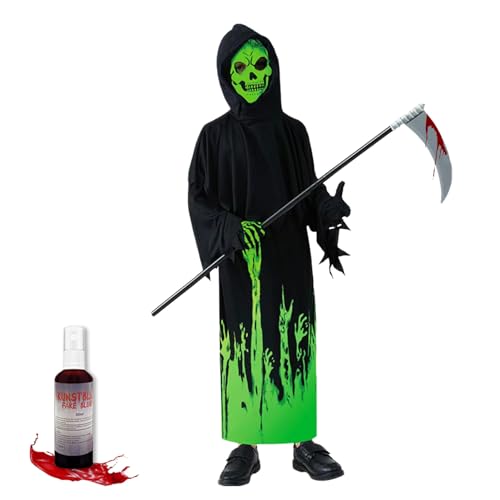 Byhsoep Sensenmann Kostüm Kinder Jungen Im Dunkeln Leuchten mit Sense Handschuhen Kunstblut Gruselig Scream Reaper Kostüm Halloween Ghostface Kostüm für Jungen 110-130cm von Byhsoep